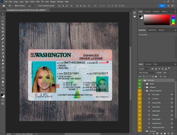 Washinton Fake driver license template
