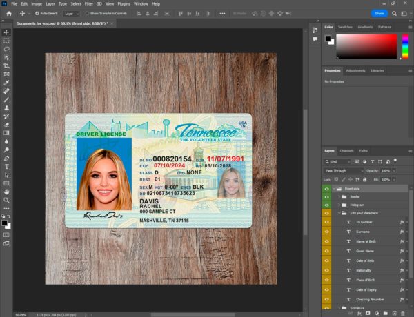 Tennessee Fake driver license template