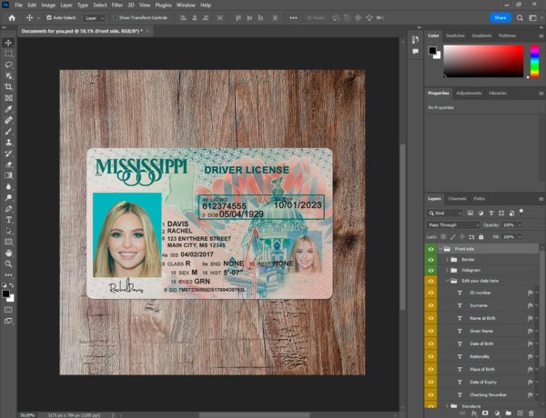 Mississippi Fake driver license template